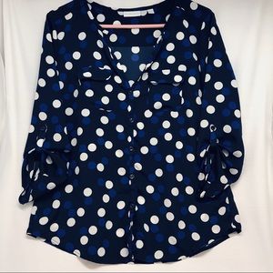 New York & Company Navy Blue\ White Plka Dot Top